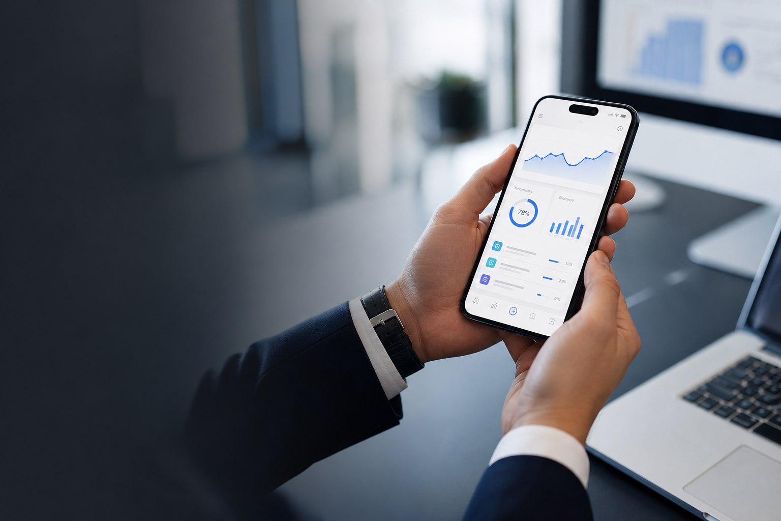 Business professional holding a phone showing a mobile app dashboard